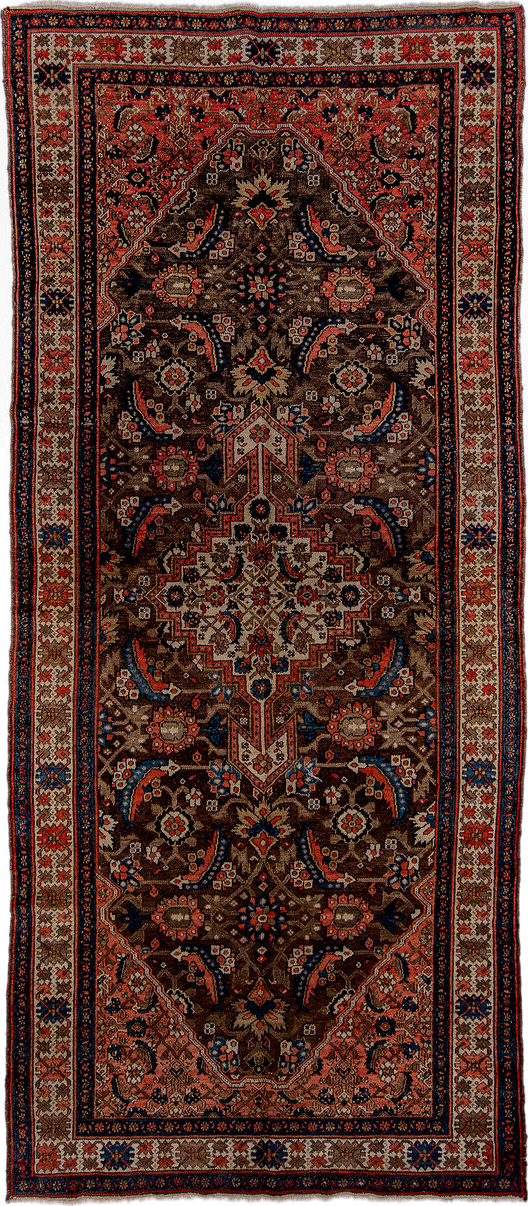 5' x 11' one-of-a-kind handmade vintage Malayer rug. Color palette: brown, ivory, rust, indigo, blue, coral, taupe