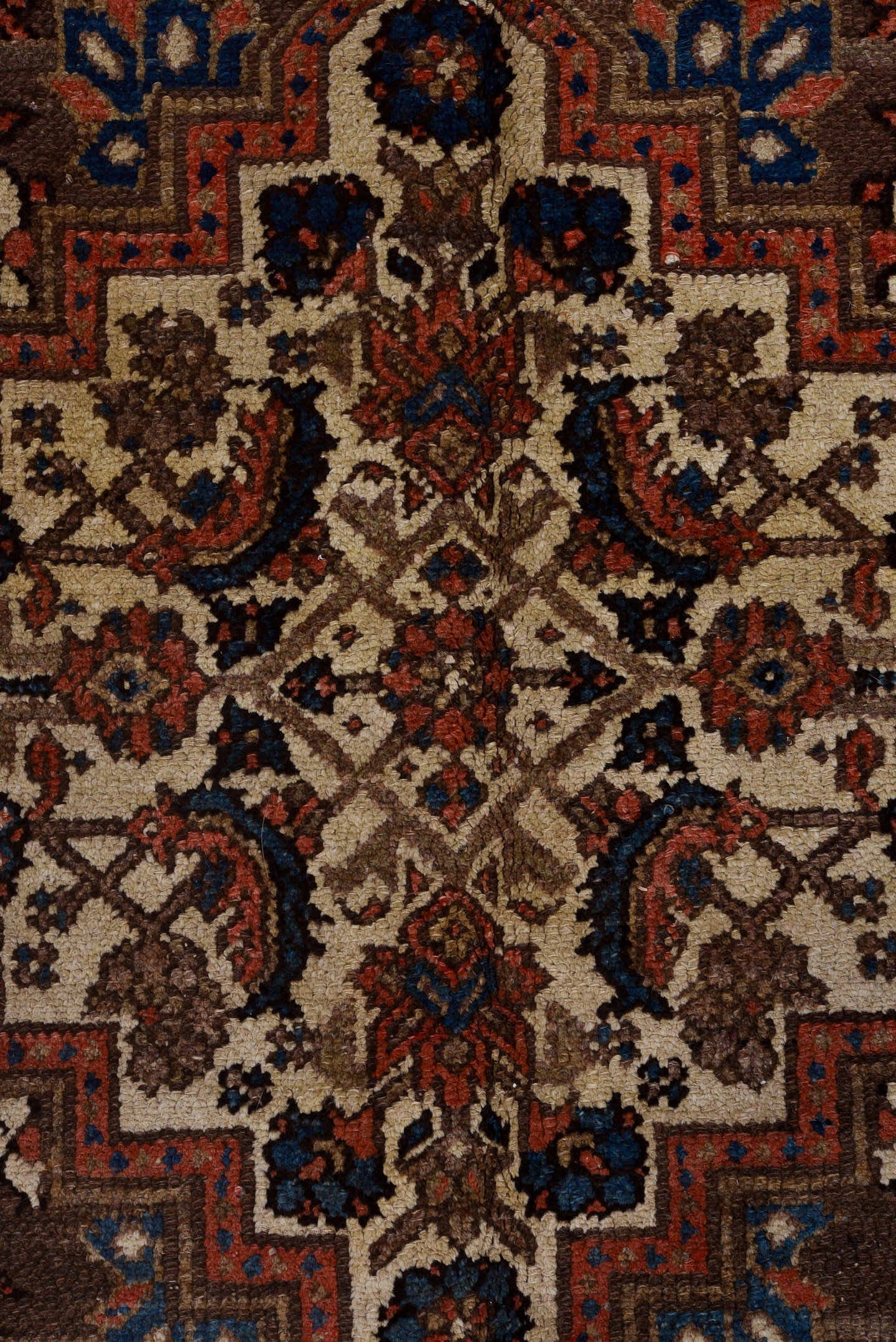 5' x 11' one-of-a-kind handmade vintage Malayer rug. Color palette: brown, ivory, rust, indigo, blue, coral, taupe