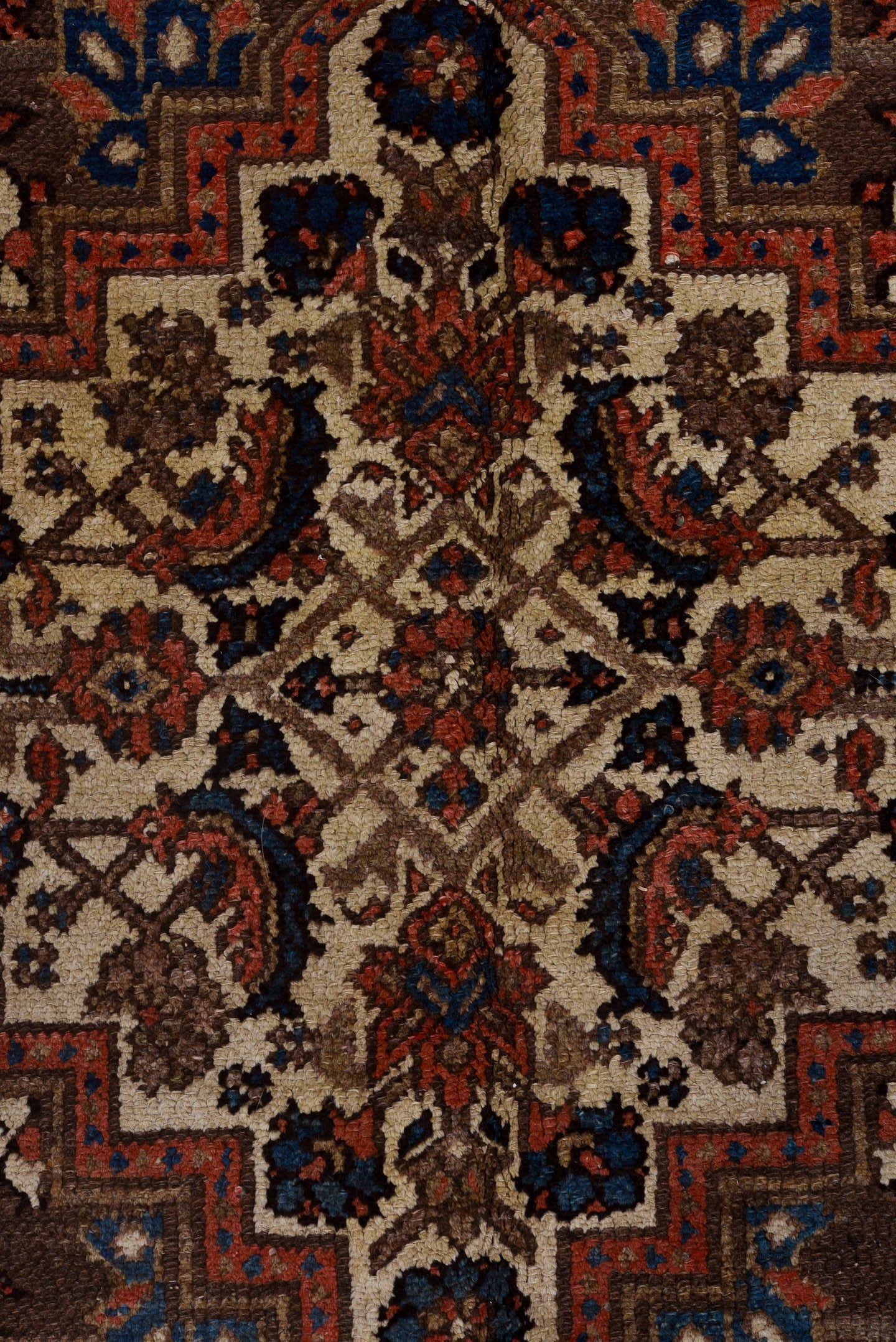 5' x 11' one-of-a-kind handmade vintage Malayer rug. Color palette: brown, ivory, rust, indigo, blue, coral, taupe