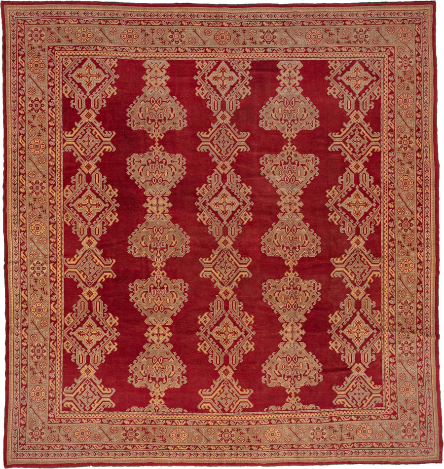 12' x 12' one-of-a-kind handmade antique Oushak oversize rug. Color palette: red, ivory, rust, gold, camel, burgundy