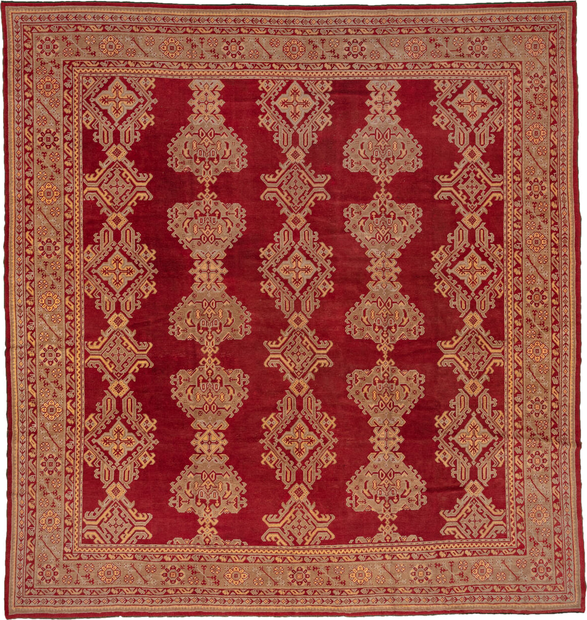 12' x 12' one-of-a-kind handmade vintage Oushak oversize rug. Color palette: brown, orange, pink, red