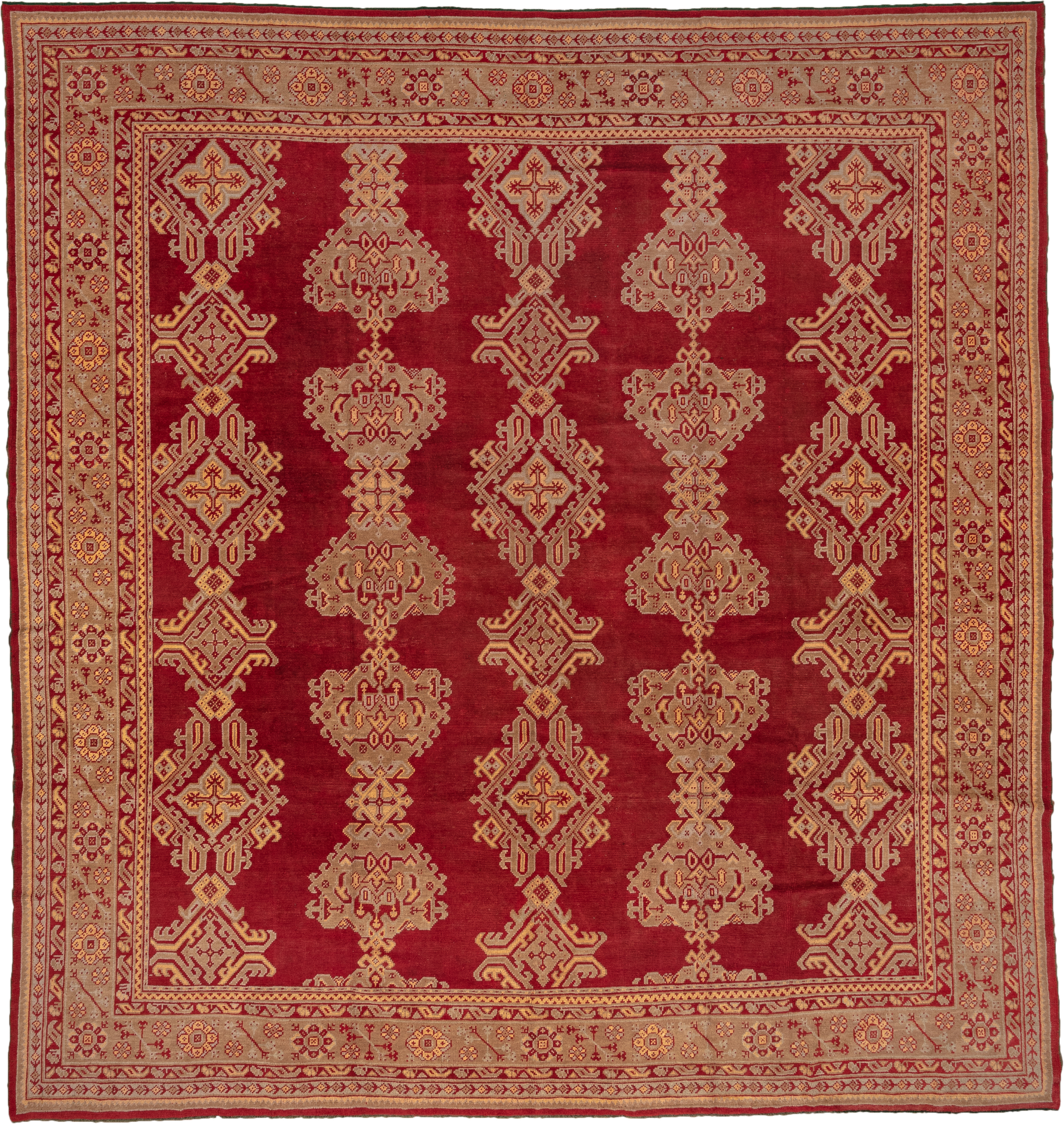 12' x 12' one-of-a-kind handmade antique Oushak oversize rug. Color palette: red, ivory, rust, gold, camel, burgundy