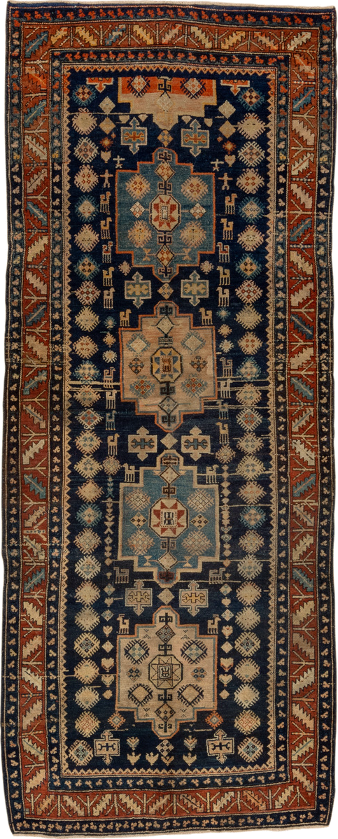 4' x 10' one-of-a-kind handmade antique Hamadan runner rug. Color palette: navy, rust, ivory, sky blue, camel, slate