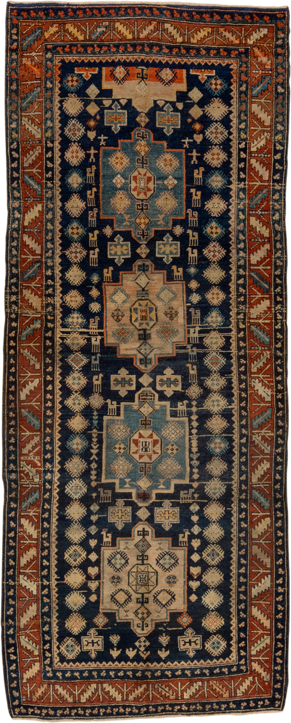 4' x 10' one-of-a-kind handmade antique Hamadan runner rug. Color palette: navy, rust, ivory, sky blue, camel, slate