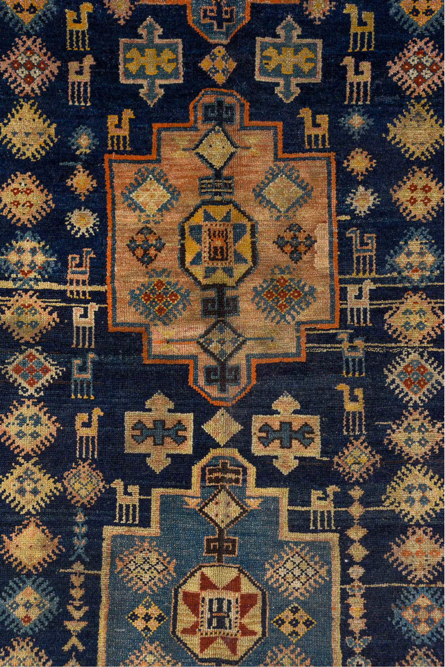 4' x 10' one-of-a-kind handmade antique Hamadan runner rug. Color palette: navy, rust, ivory, sky blue, camel, slate