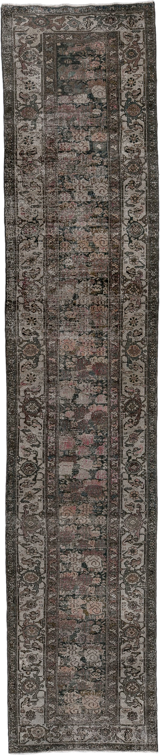 3' x 16' one-of-a-kind handmade antique Malayer runner rug. Color palette: taupe, charcoal, ivory, rose, rust, brown, sage