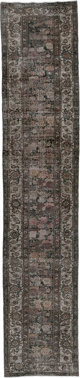 3' x 16' one-of-a-kind handmade antique Malayer runner rug. Color palette: taupe, charcoal, ivory, rose, rust, brown, sage