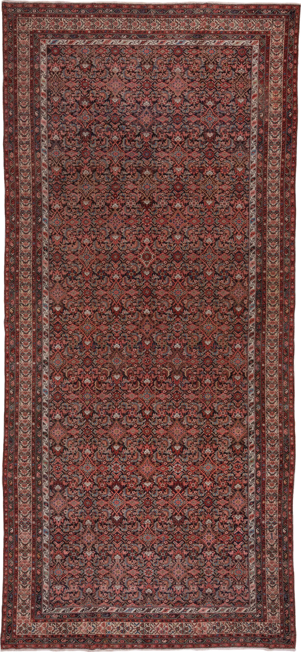 7' x 16' one-of-a-kind handmade antique Malayer rug. Color palette: navy, rust, ivory, brick, slate blue, rose, charcoal