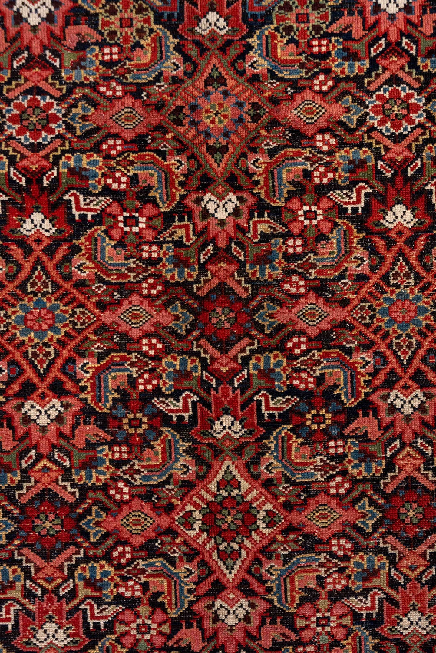 7' x 16' one-of-a-kind handmade antique Malayer rug. Color palette: navy, rust, ivory, brick, slate blue, rose, charcoal