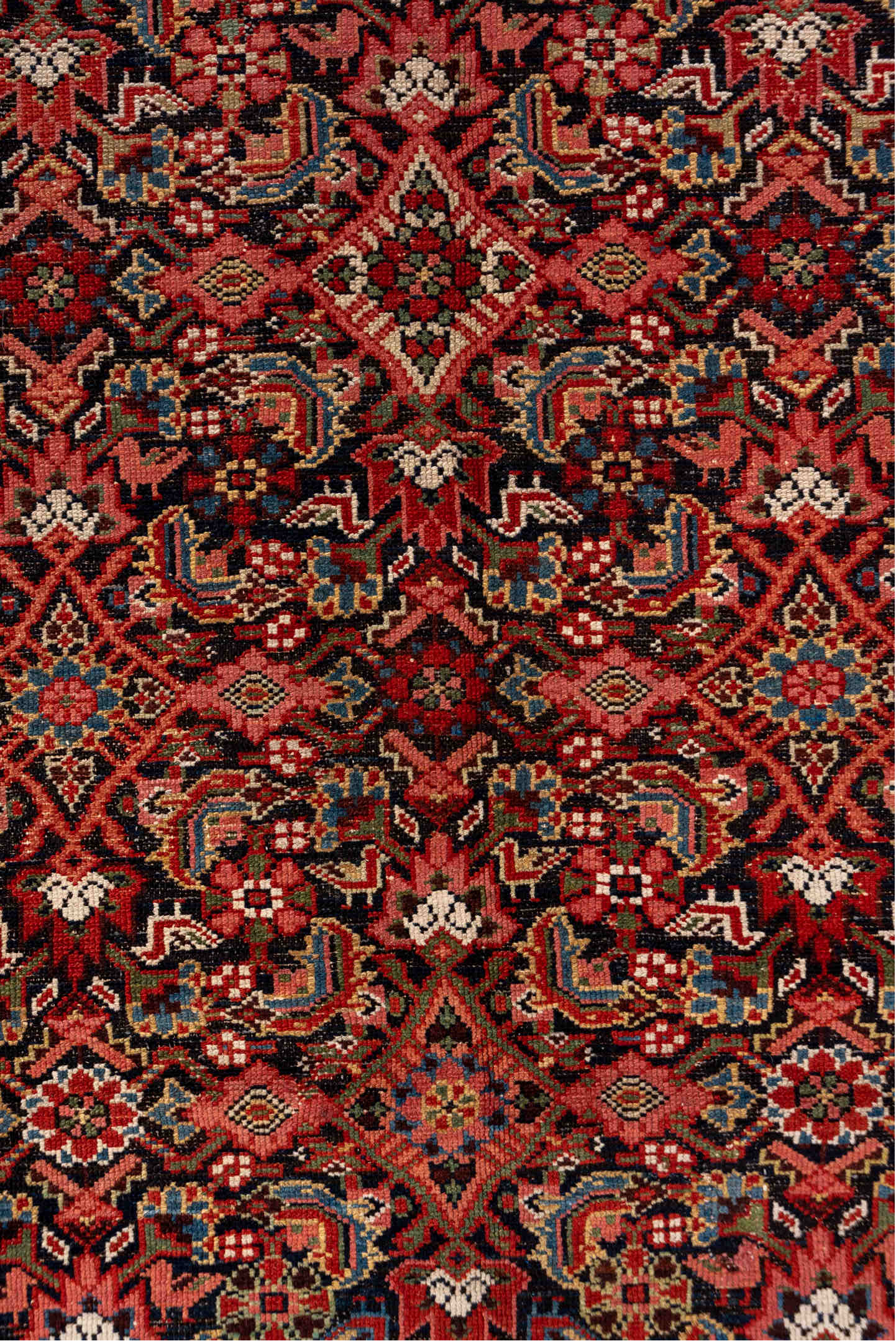 7' x 16' one-of-a-kind handmade antique Malayer rug. Color palette: navy, rust, ivory, brick, slate blue, rose, charcoal