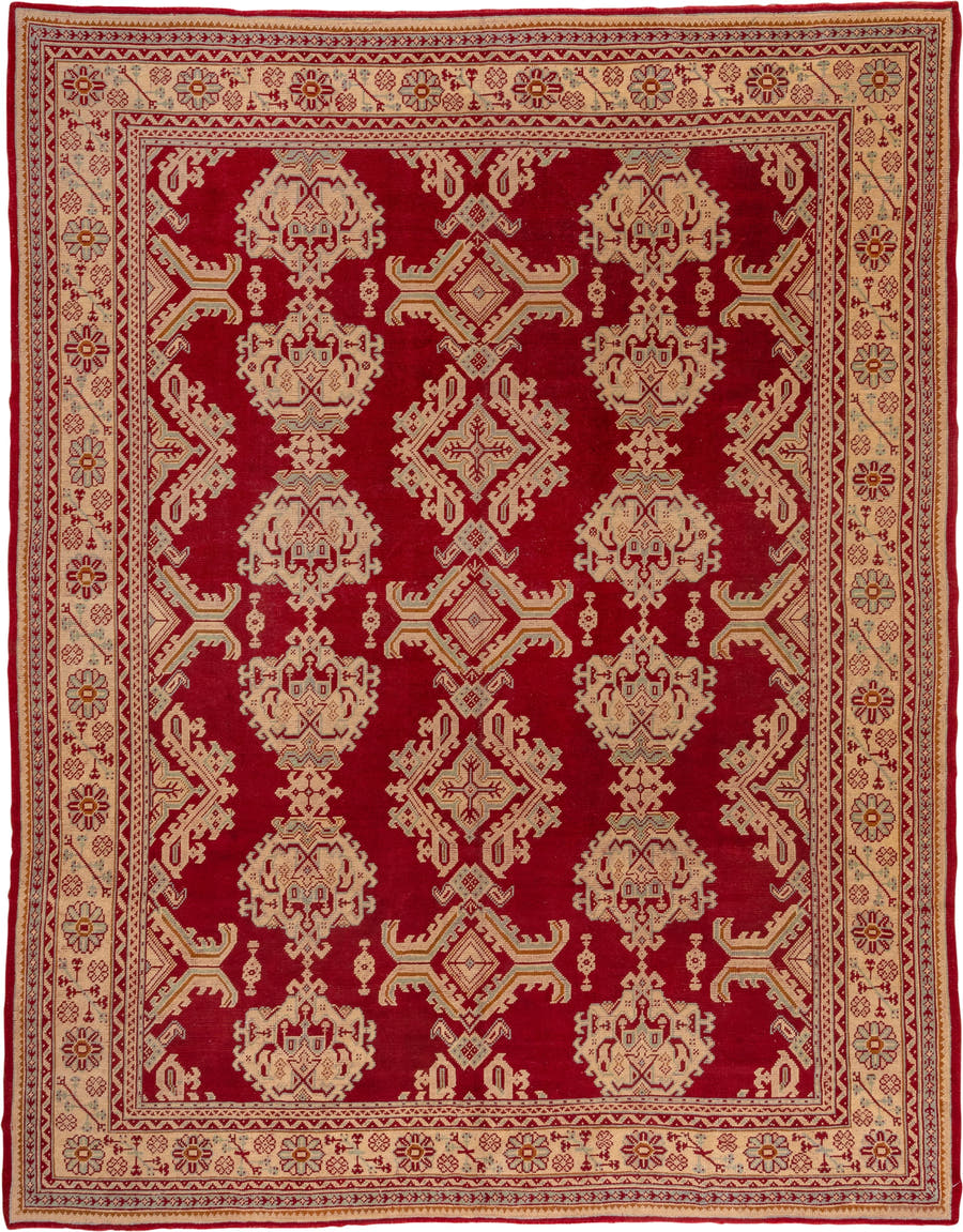 10' x 13' one-of-a-kind handmade antique Oushak large size rug. Color palette: crimson, ivory, beige, gold, rust, red