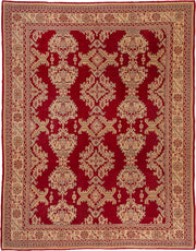 10' x 13' one-of-a-kind handmade antique Oushak large size rug. Color palette: crimson, ivory, beige, gold, rust, red