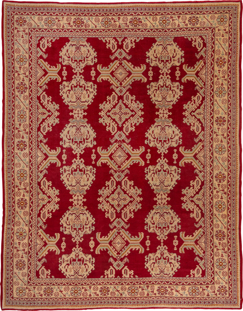 10' x 13' one-of-a-kind handmade vintage Oushak large size rug. Color palette: brown, burgundy, gray, orange, pink, red