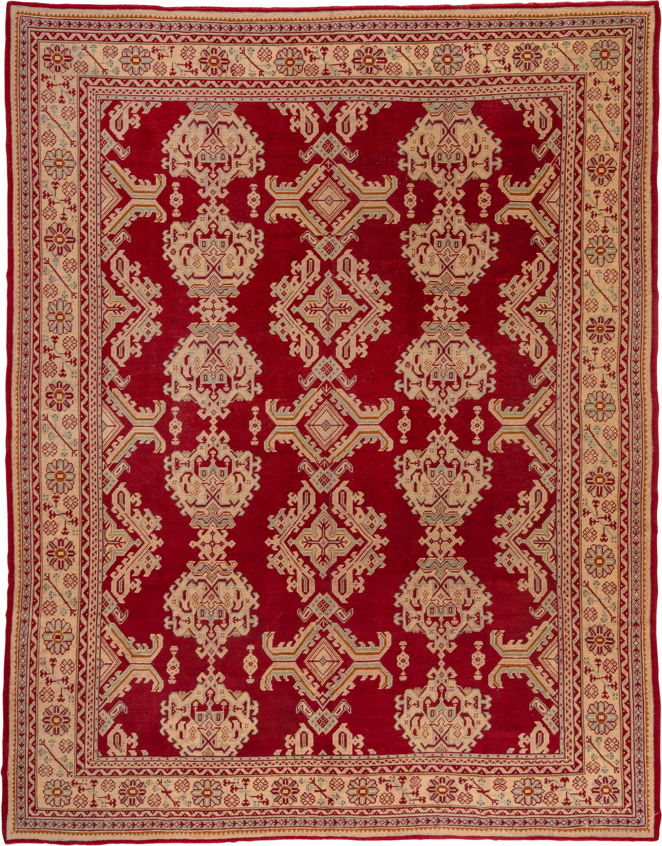 10' x 13' one-of-a-kind handmade antique Oushak large size rug. Color palette: crimson, ivory, beige, gold, rust, red