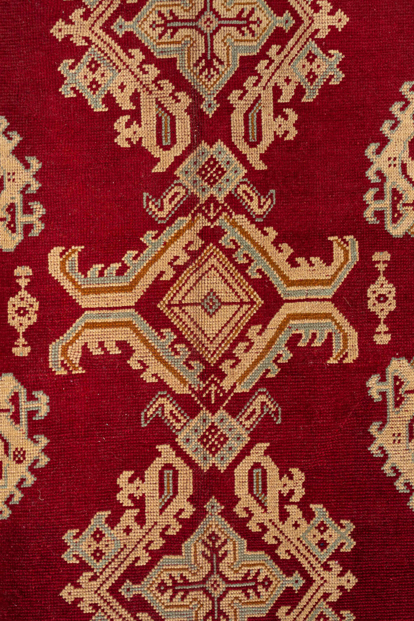 10' x 13' one-of-a-kind handmade antique Oushak large size rug. Color palette: crimson, ivory, beige, gold, rust, red