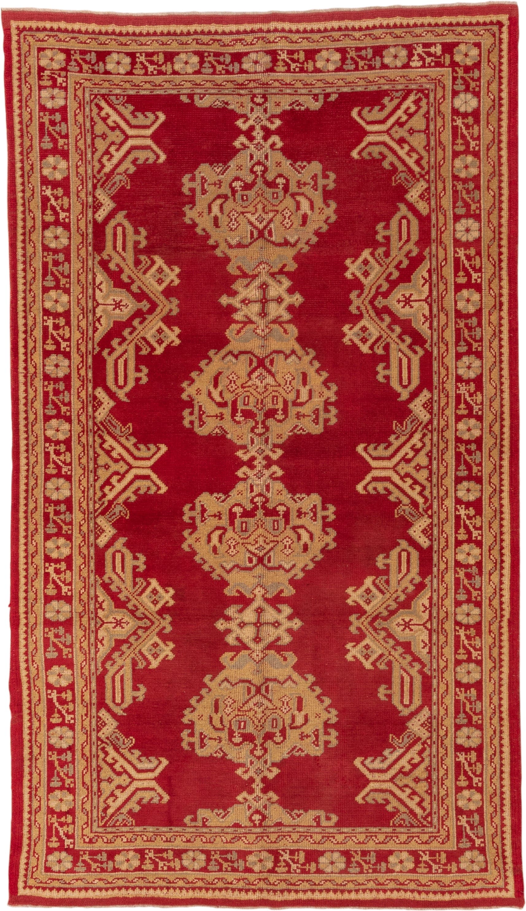 5' x 9' one-of-a-kind handmade antique Oushak medium size rug. Color palette: red, ivory, camel, rust, beige, terracotta