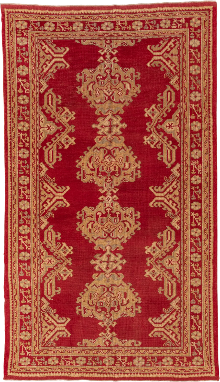 5' x 9' one-of-a-kind handmade antique Oushak medium size rug. Color palette: red, ivory, camel, rust, beige, terracotta