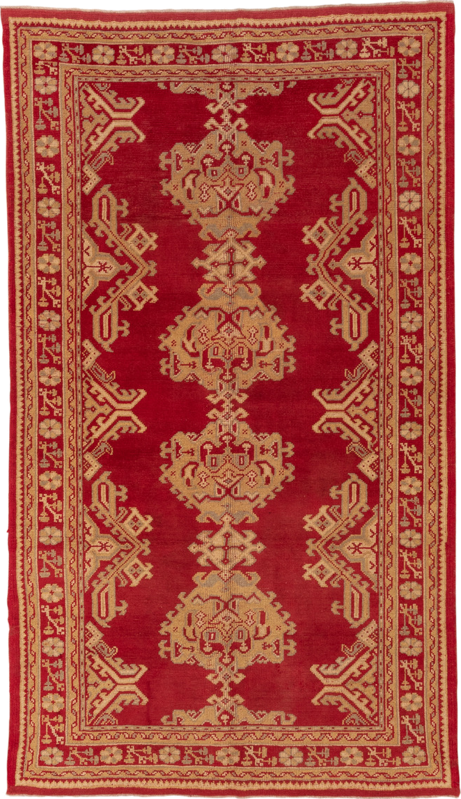 5' x 9' one-of-a-kind handmade antique Oushak medium size rug. Color palette: red, ivory, camel, rust, beige, terracotta