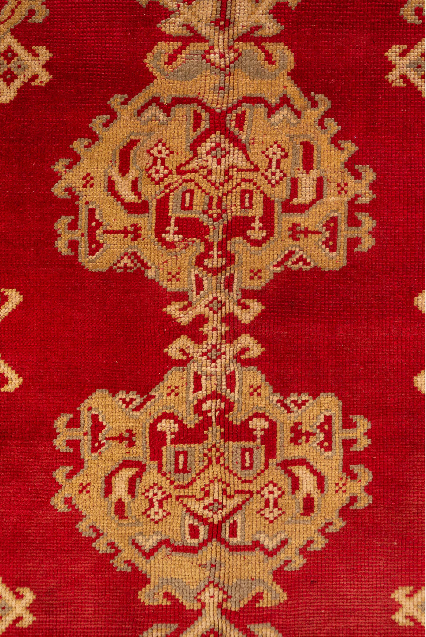 5' x 9' one-of-a-kind handmade antique Oushak medium size rug. Color palette: red, ivory, camel, rust, beige, terracotta