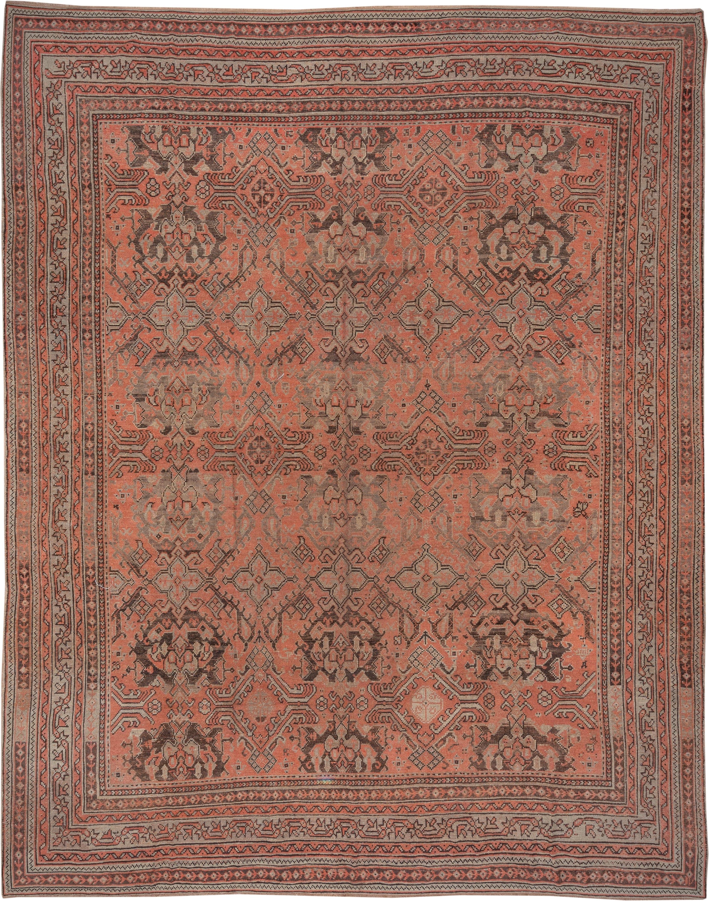 13' x 16' one-of-a-kind handmade antique Oushak oversize rug. Color palette: coral, taupe, charcoal, rose, ivory, brown