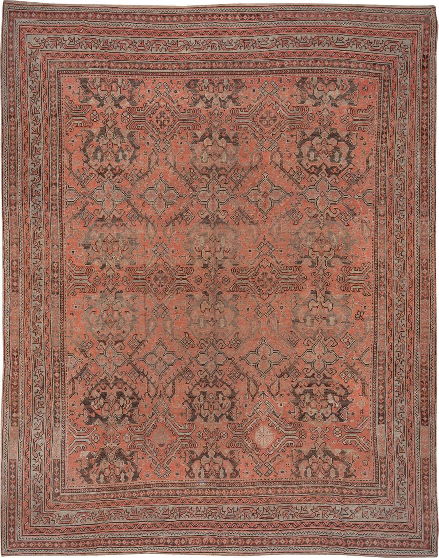 13' x 16' one-of-a-kind handmade antique Oushak oversize rug. Color palette: coral, taupe, charcoal, rose, ivory, brown