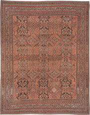 13' x 16' one-of-a-kind handmade antique Oushak oversize rug. Color palette: coral, taupe, charcoal, rose, ivory, brown