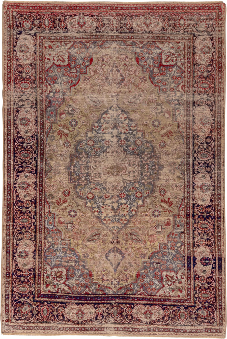 4' x 7' one-of-a-kind handmade antique Kaisary rug. Color palette: ivory, beige, slate blue, navy, rust, rose, taupe, purple