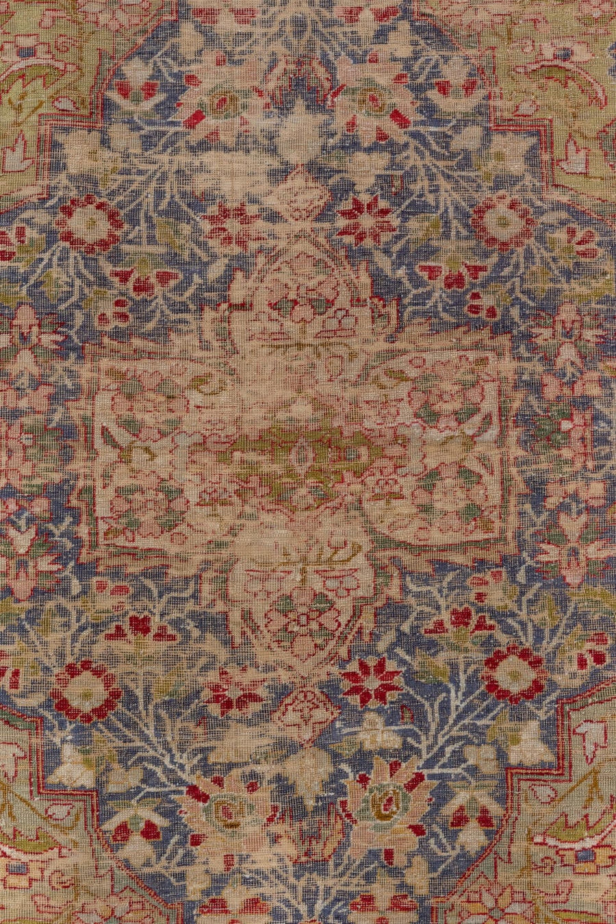 4' x 7' one-of-a-kind handmade antique Kaisary rug. Color palette: ivory, beige, slate blue, navy, rust, rose, taupe, purple