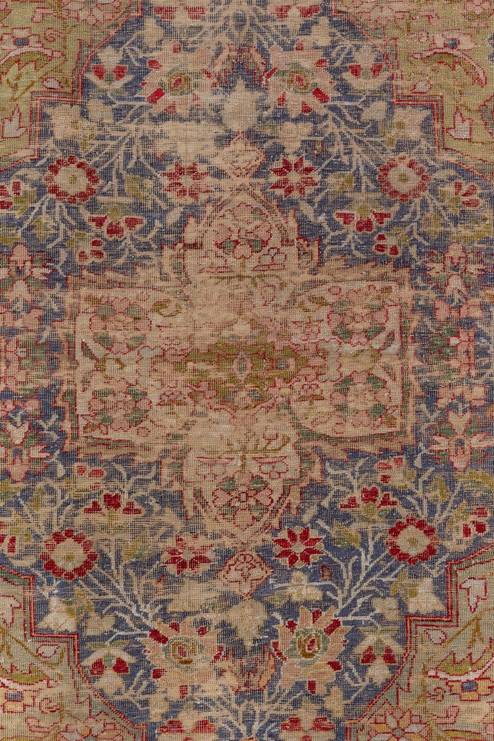 4' x 7' one-of-a-kind handmade antique Kaisary rug. Color palette: ivory, beige, slate blue, navy, rust, rose, taupe, purple