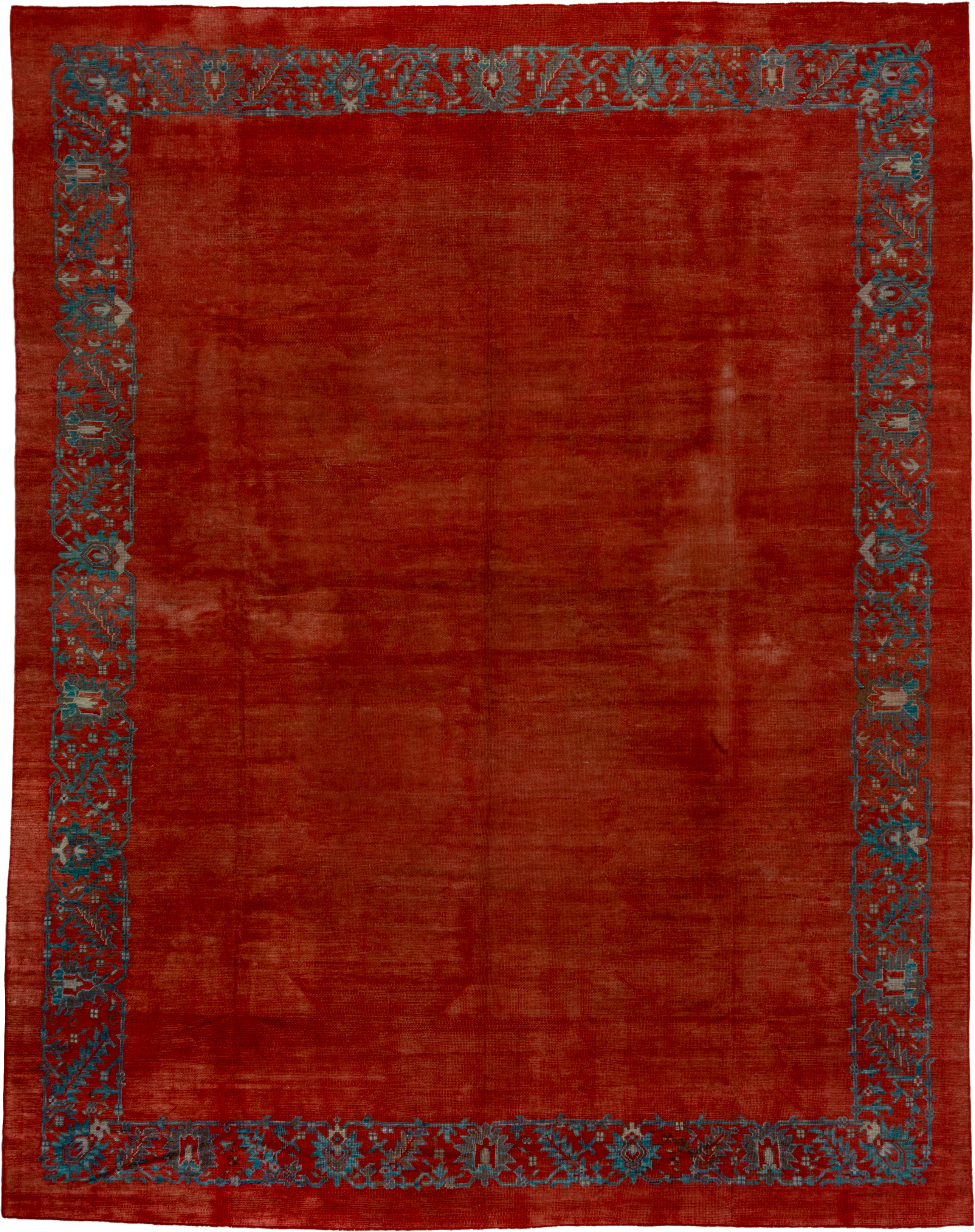 12' x 16' one-of-a-kind handmade antique Oushak oversize rug. Color palette: rust, terra cotta, slate, blue, brick, taupe