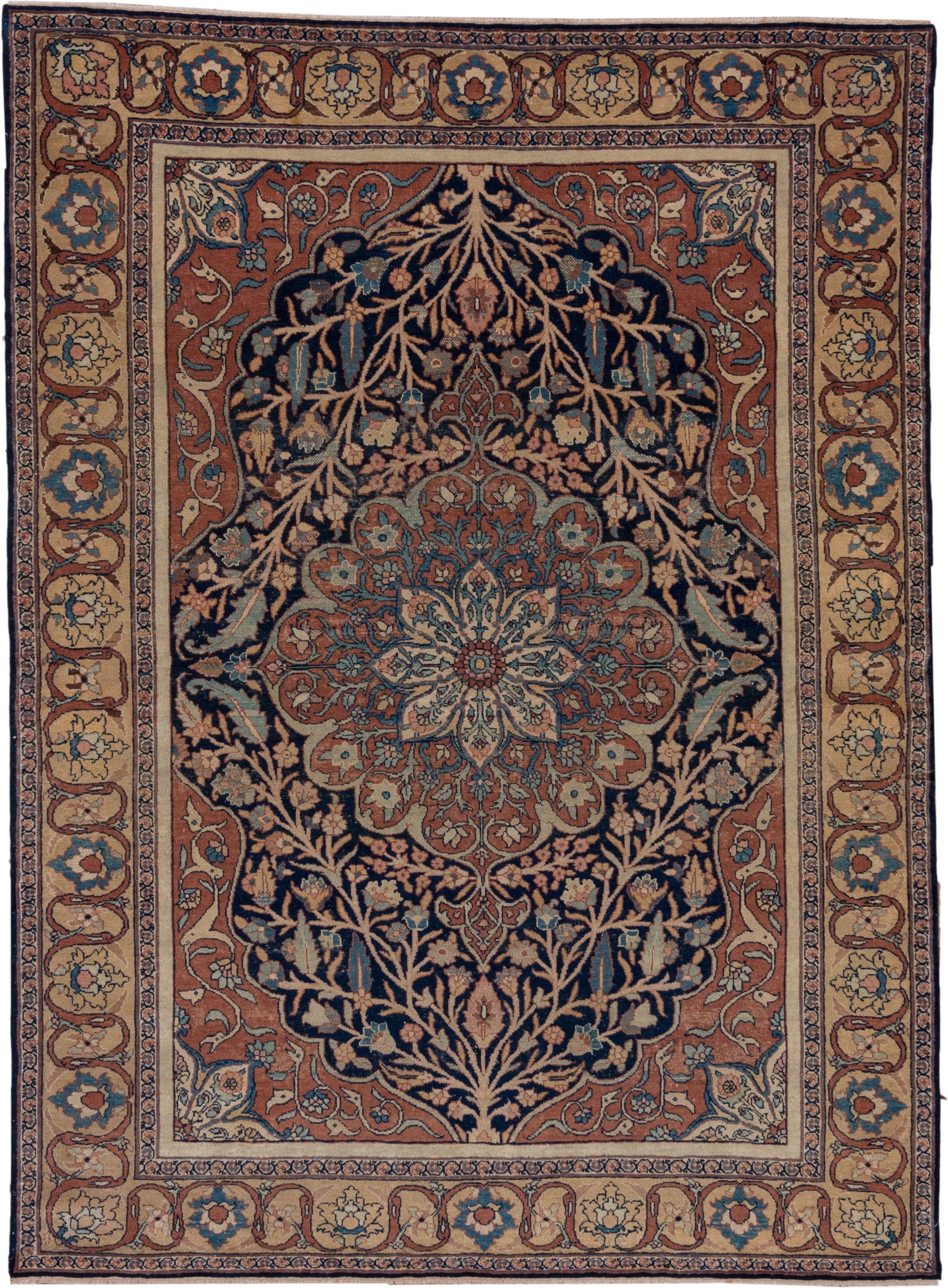 4' x 6' one-of-a-kind handmade antique Tabriz small size rug. Color palette: navy, terracotta, ivory, camel, sky_blue, rose