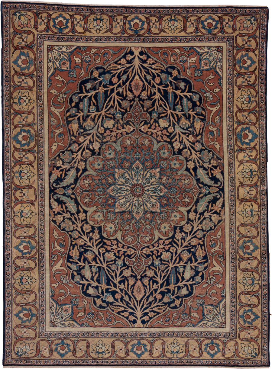 4' x 6' one-of-a-kind handmade antique Tabriz small size rug. Color palette: navy, terracotta, ivory, camel, sky_blue, rose