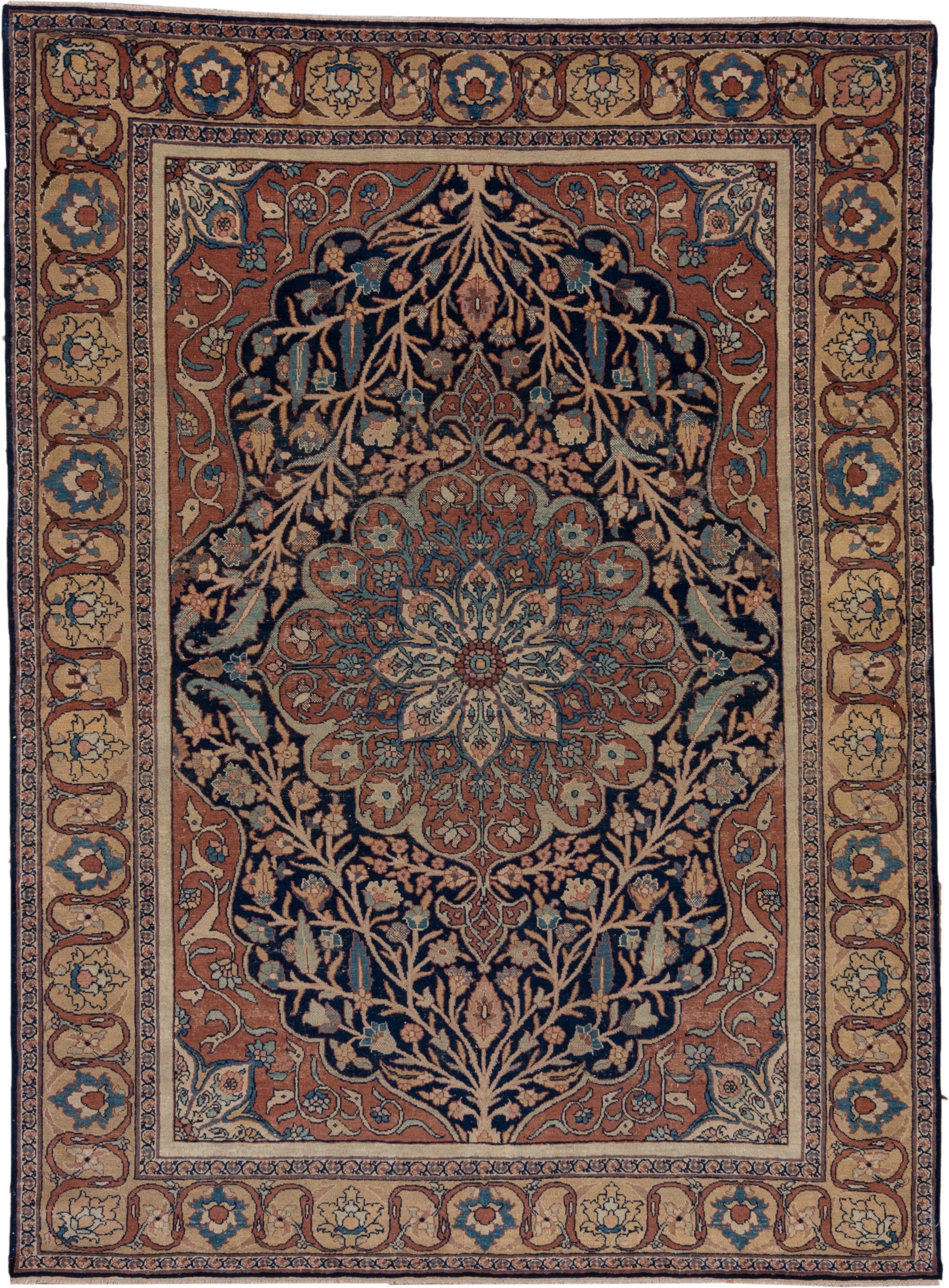 4' x 6' one-of-a-kind handmade antique Tabriz small size rug. Color palette: navy, terracotta, ivory, camel, sky_blue, rose