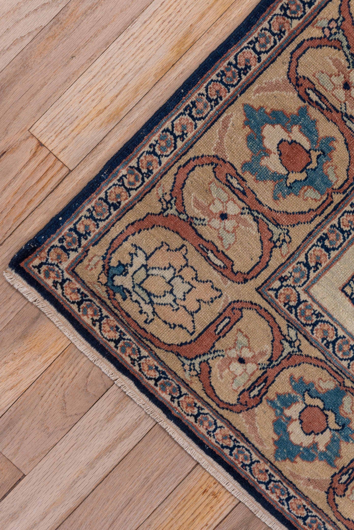 4' x 6' one-of-a-kind handmade antique Tabriz small size rug. Color palette: navy, terracotta, ivory, camel, sky_blue, rose
