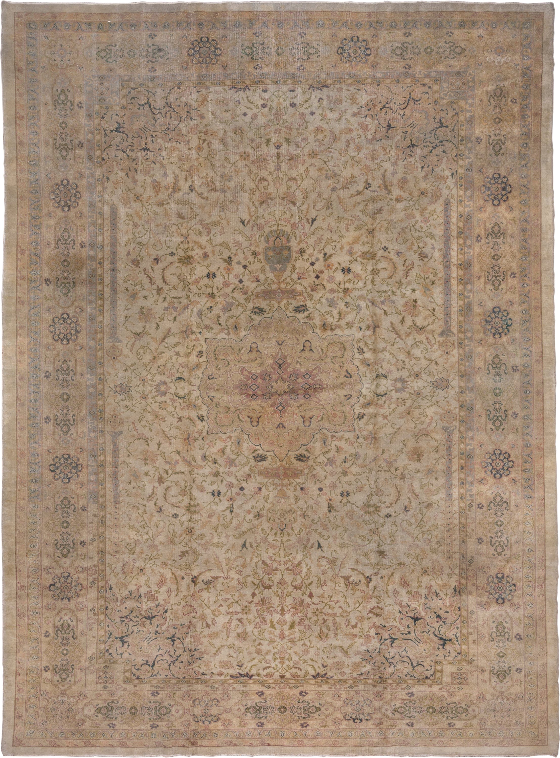 11' x 15' one-of-a-kind handmade antique Oushak oversize rug. Color palette: ivory, taupe, beige, blush, sage, soft blue
