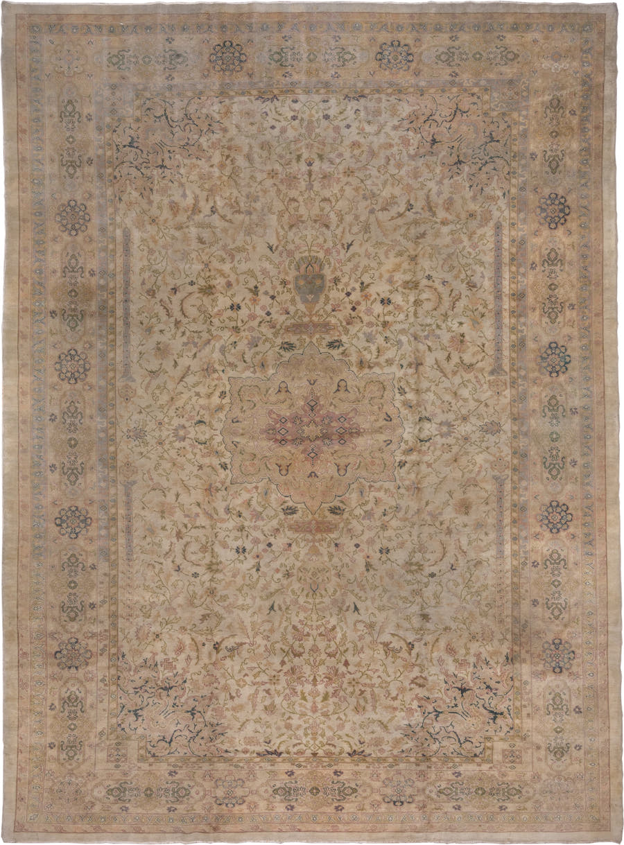 11' x 15' one-of-a-kind handmade antique Oushak oversize rug. Color palette: ivory, taupe, beige, blush, sage, soft blue