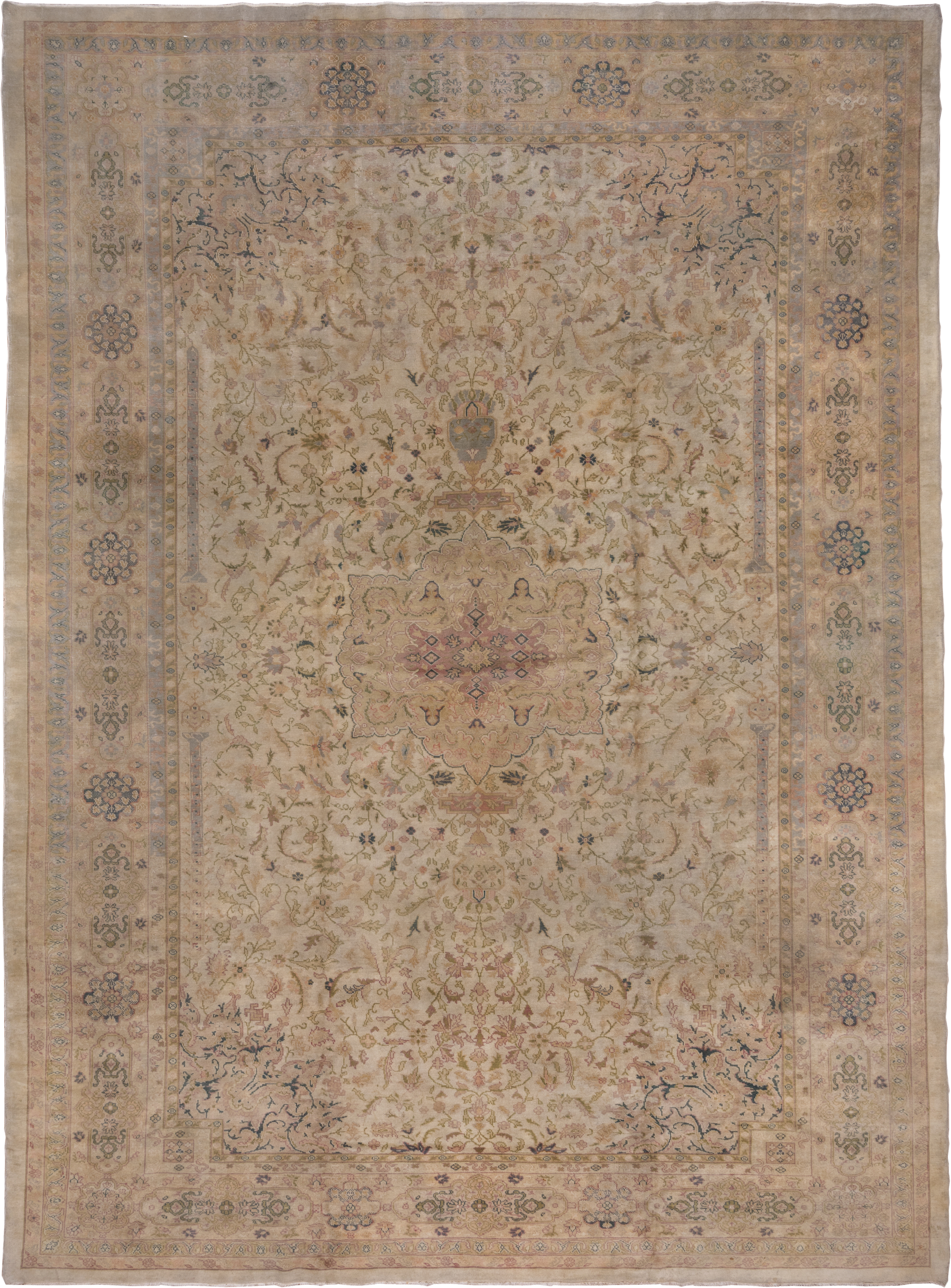 11' x 15' one-of-a-kind handmade antique Oushak oversize rug. Color palette: ivory, taupe, beige, blush, sage, soft blue