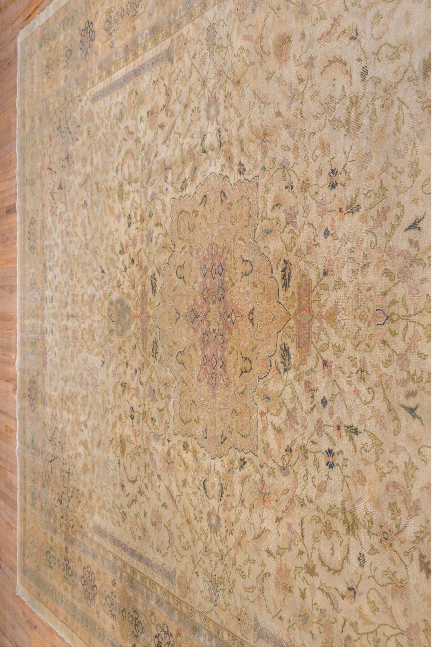 11' x 15' one-of-a-kind handmade antique Oushak oversize rug. Color palette: ivory, taupe, beige, blush, sage, soft blue