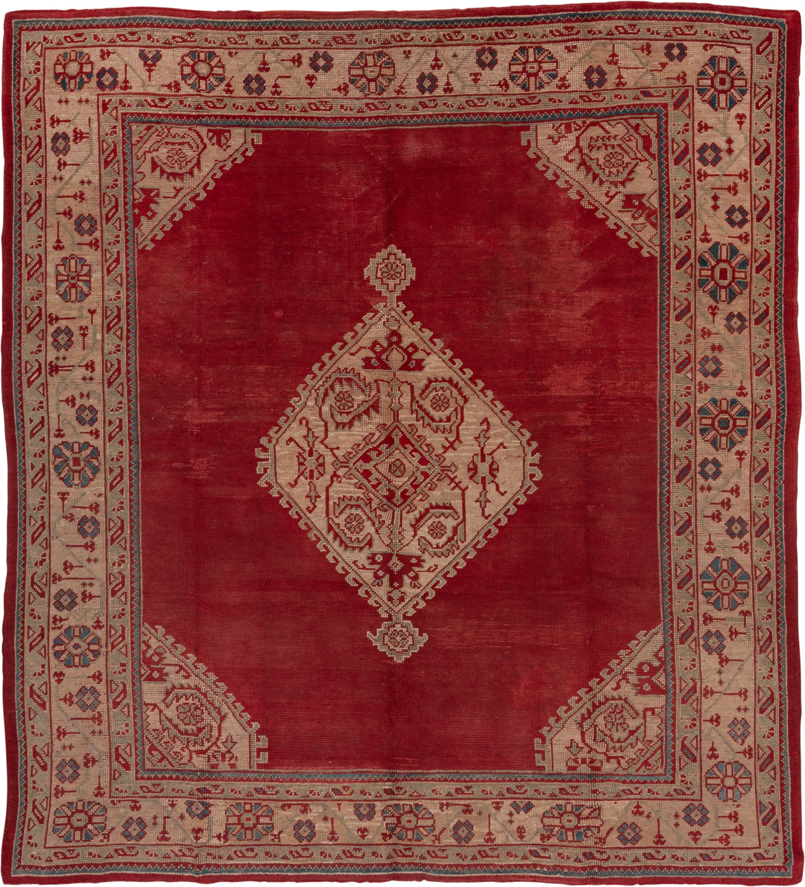 9' x 10' one-of-a-kind handmade antique Oushak large size rug. Color palette: red, ivory, blue, burgundy, rose, pink