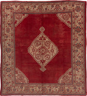 9' x 10' one-of-a-kind handmade antique Oushak large size rug. Color palette: red, ivory, blue, burgundy, rose, pink
