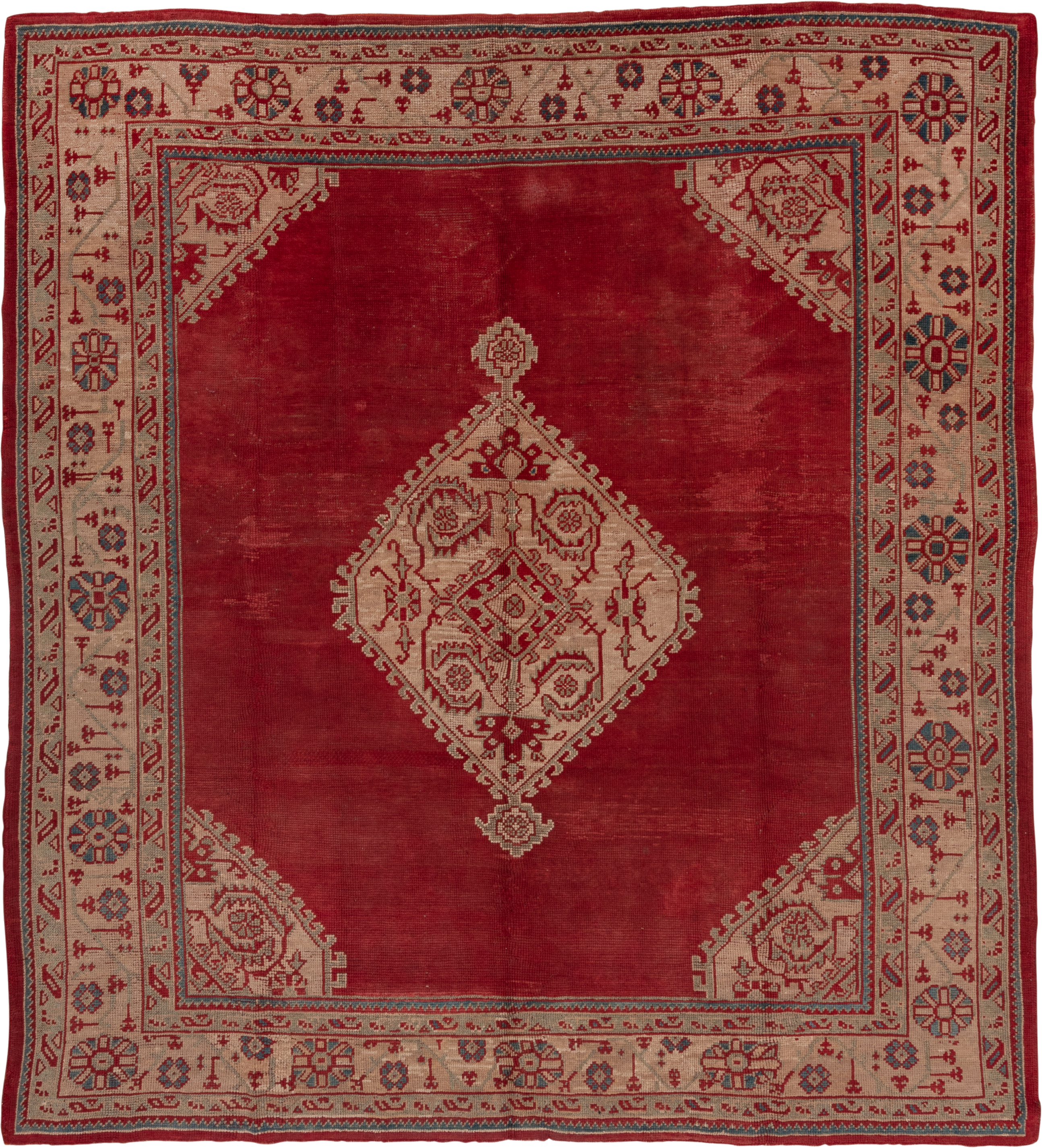 9' x 10' one-of-a-kind handmade antique Oushak large size rug. Color palette: red, ivory, blue, burgundy, rose, pink