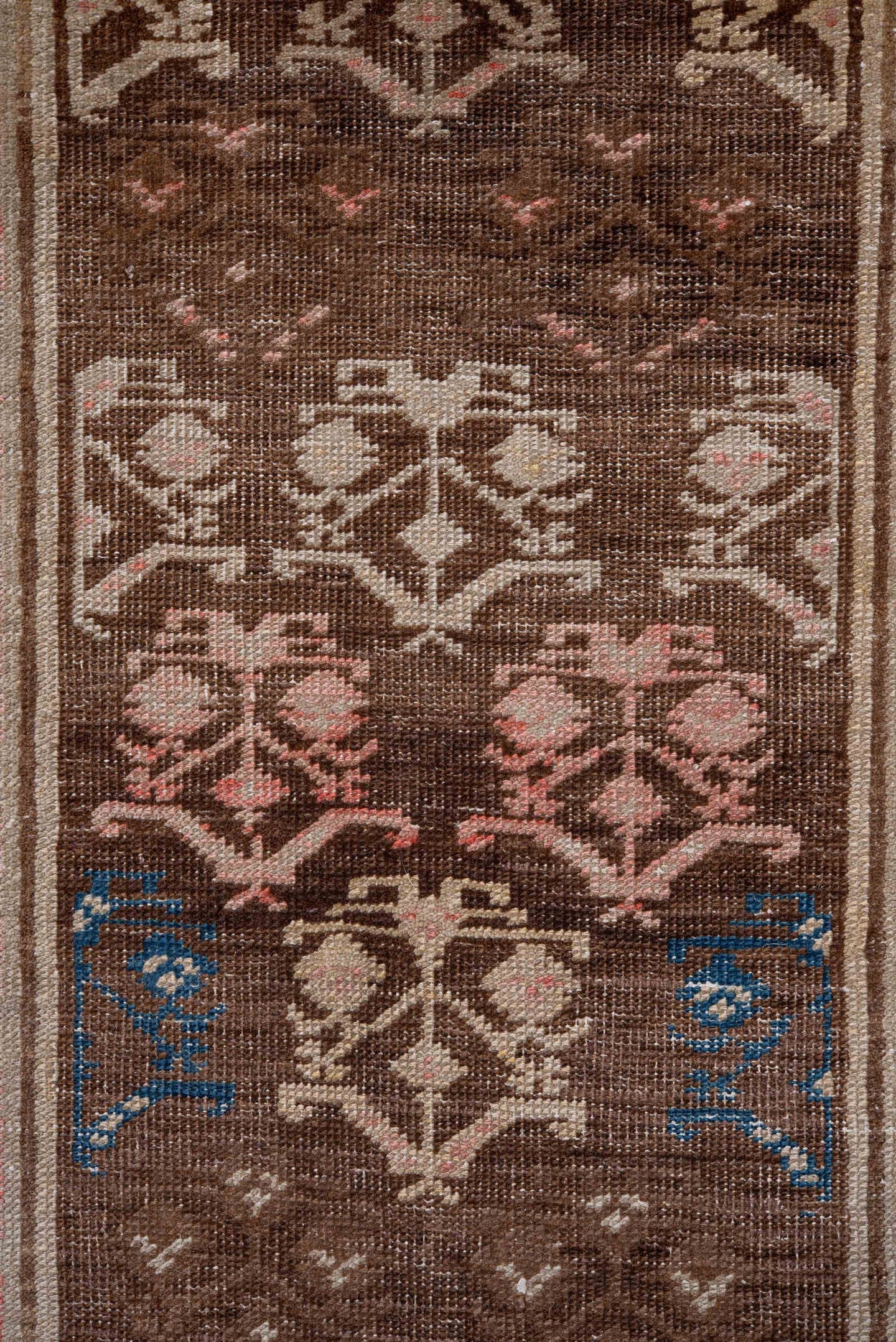 3' x 10' one-of-a-kind handmade antique Cam Hamadan runner rug. Color palette: brown, ivory, taupe, blue, rose, camel, beige