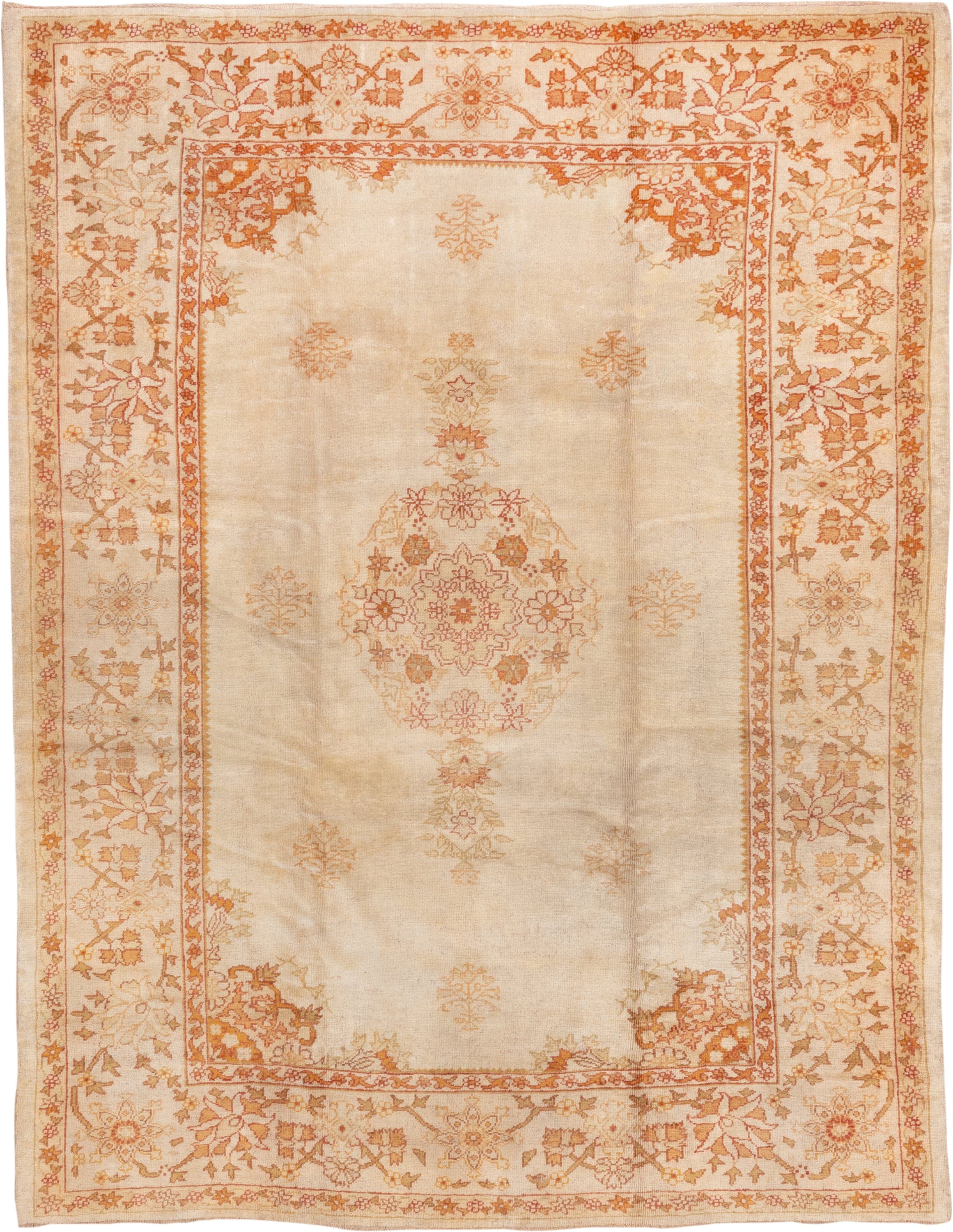 8' x 10' one-of-a-kind handmade antique Oushak large size rug. Color palette: ivory, apricot, sand, peach, camel, gold