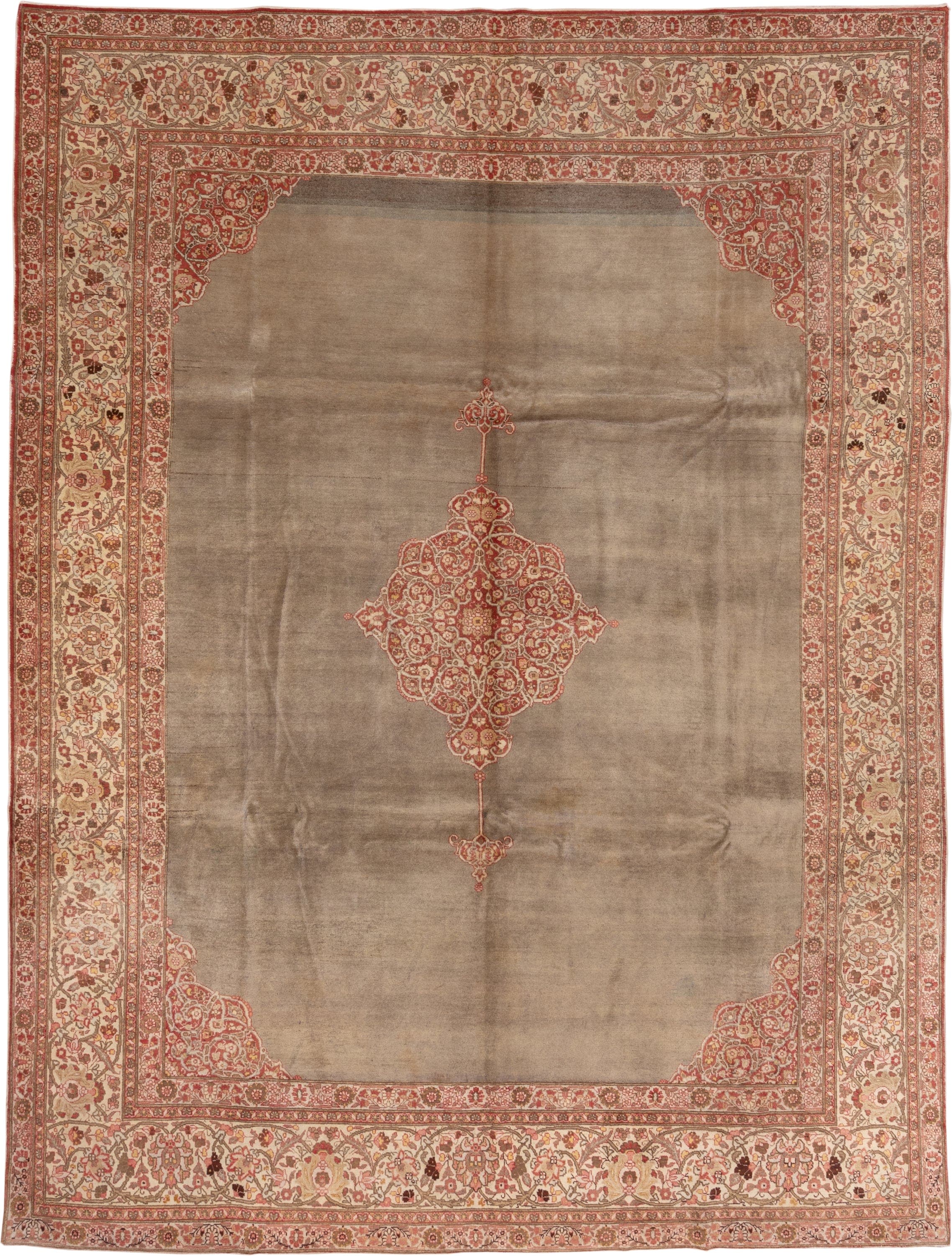 9' x 12' one-of-a-kind handmade antique Tabriz large size rug. Color palette: taupe, ivory, rose, rust, camel, brown, beige
