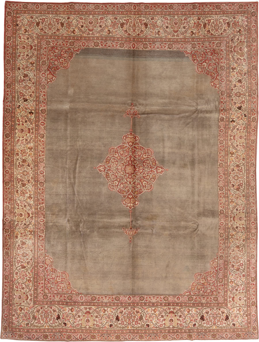 9' x 12' one-of-a-kind handmade antique Tabriz large size rug. Color palette: taupe, ivory, rose, rust, camel, brown, beige