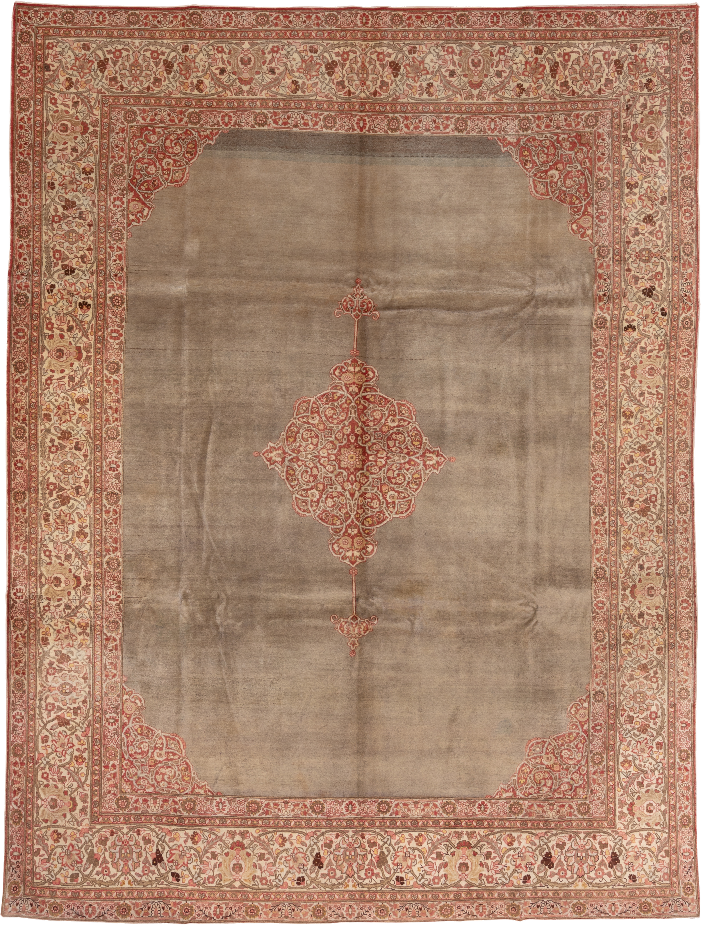 9' x 12' one-of-a-kind handmade antique Tabriz large size rug. Color palette: taupe, ivory, rose, rust, camel, brown, beige