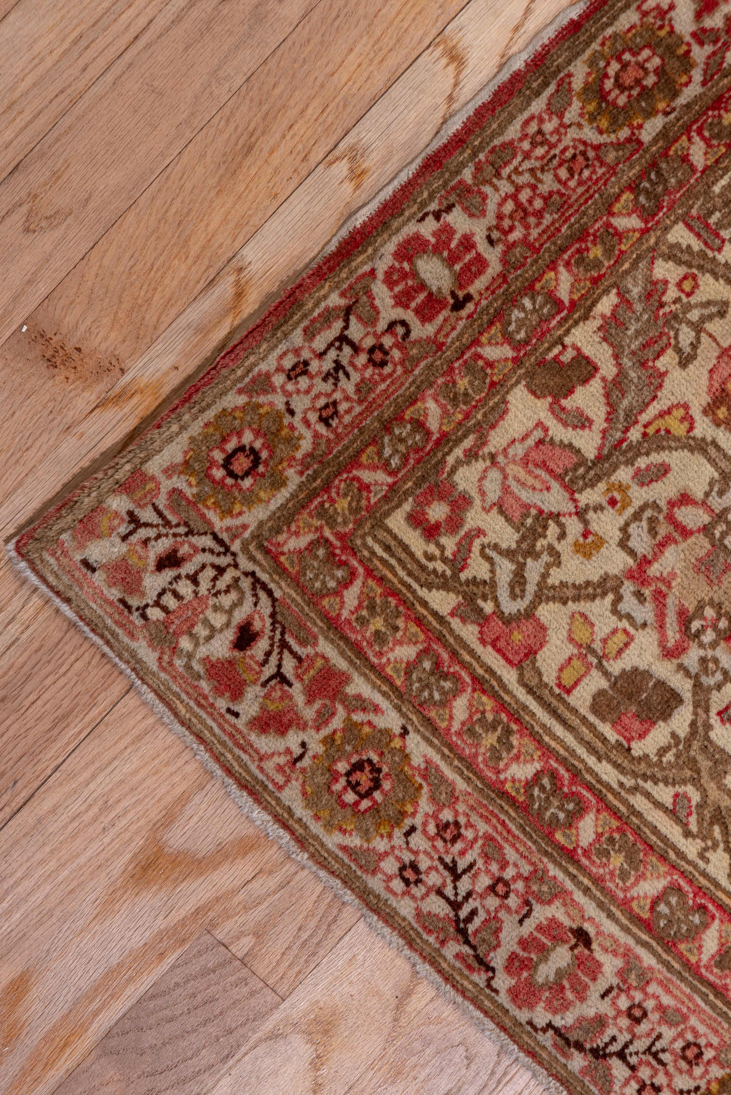 9' x 12' one-of-a-kind handmade antique Tabriz large size rug. Color palette: taupe, ivory, rose, rust, camel, brown, beige