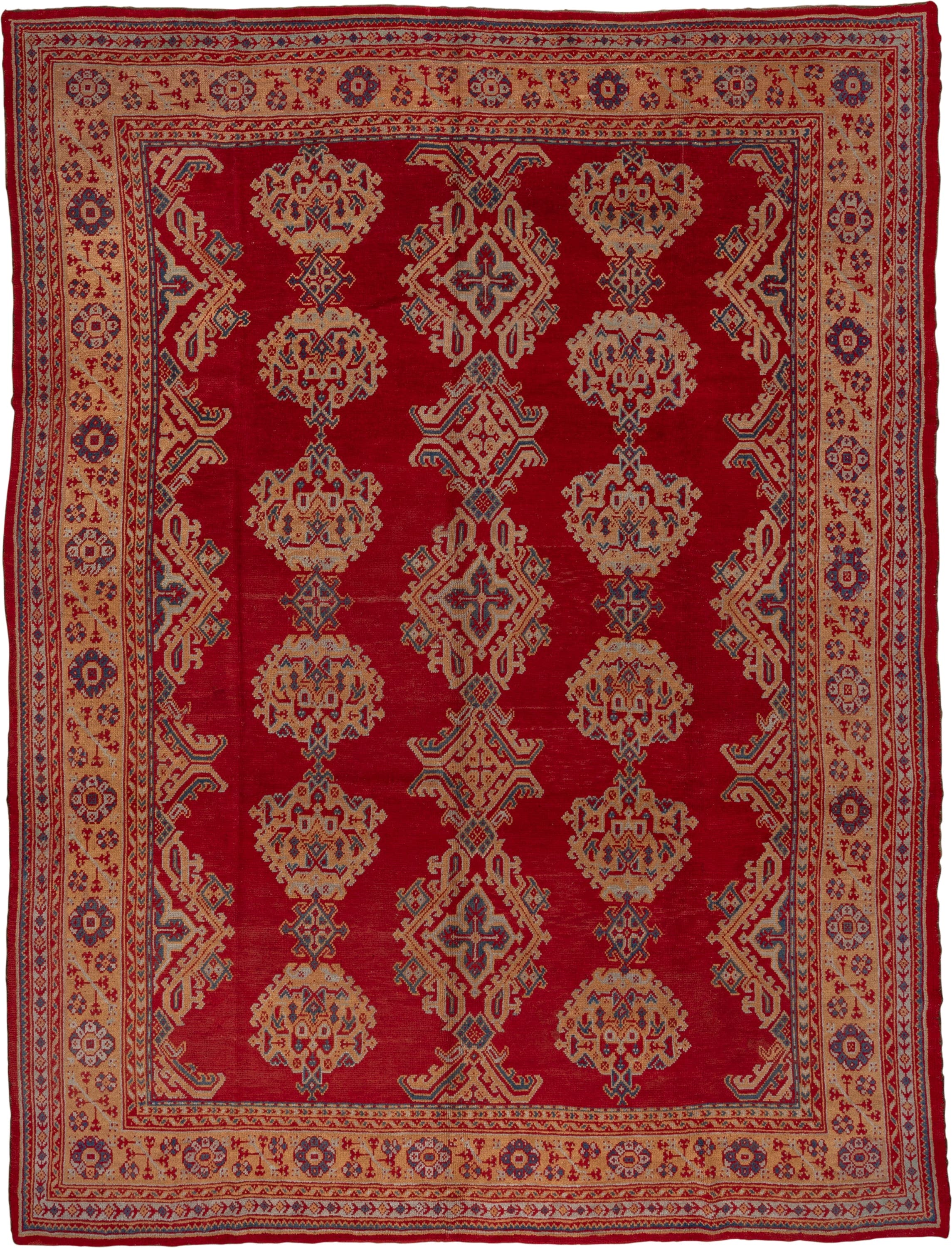 10' x 13' one-of-a-kind handmade antique Oushak large size rug. Color palette: red, ivory, navy, camel, rust, sky_blue, blue