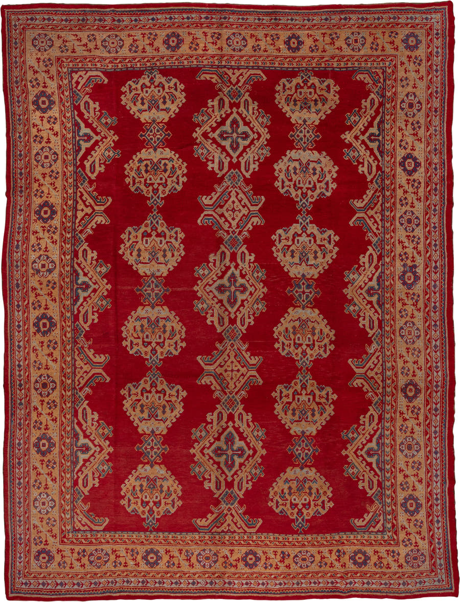 10' x 13' one-of-a-kind handmade antique Oushak large size rug. Color palette: red, ivory, navy, camel, rust, sky_blue, blue