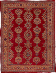10' x 13' one-of-a-kind handmade antique Oushak large size rug. Color palette: red, ivory, navy, camel, rust, sky_blue, blue